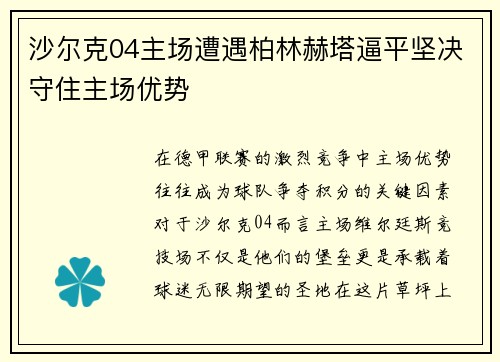 沙尔克04主场遭遇柏林赫塔逼平坚决守住主场优势