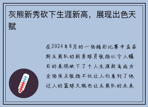 灰熊新秀砍下生涯新高，展现出色天赋